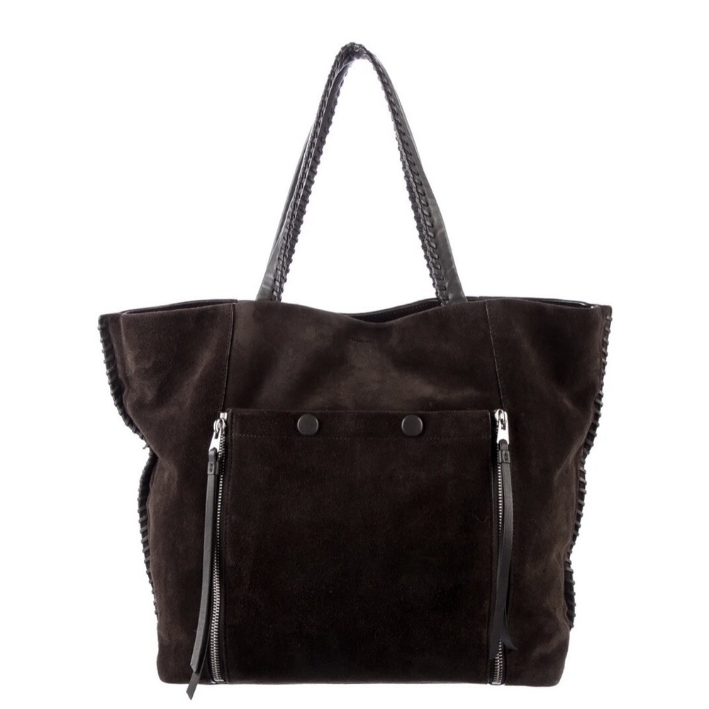 All Saints Fleur de Lis Tote Bag East to West in Brown Suede